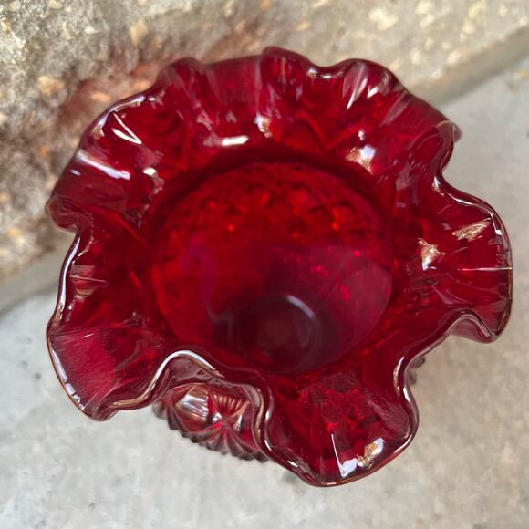 Fenton Ruby Red Diamond Star Pattern Ruffled Vase Glass Bowl 4.25” - Picture 3 of 5